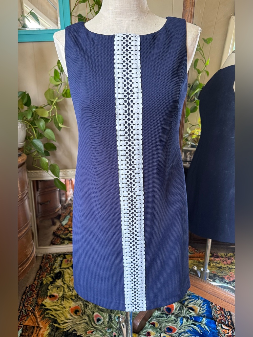 Vince Camuto Navy Shift Dress with White Lace Center Stripe